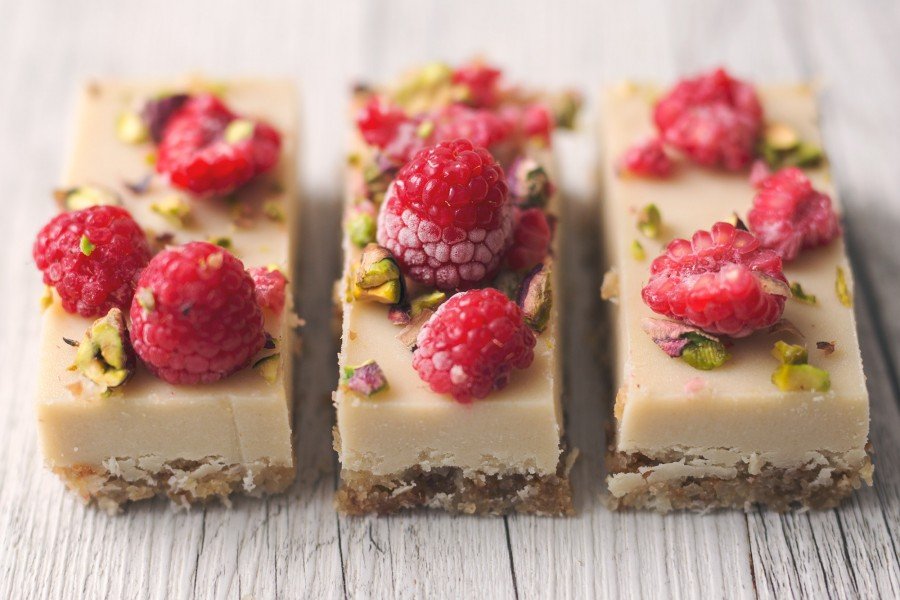 Mostly Raw Raspberry and Macadamia White Chocolate Slice