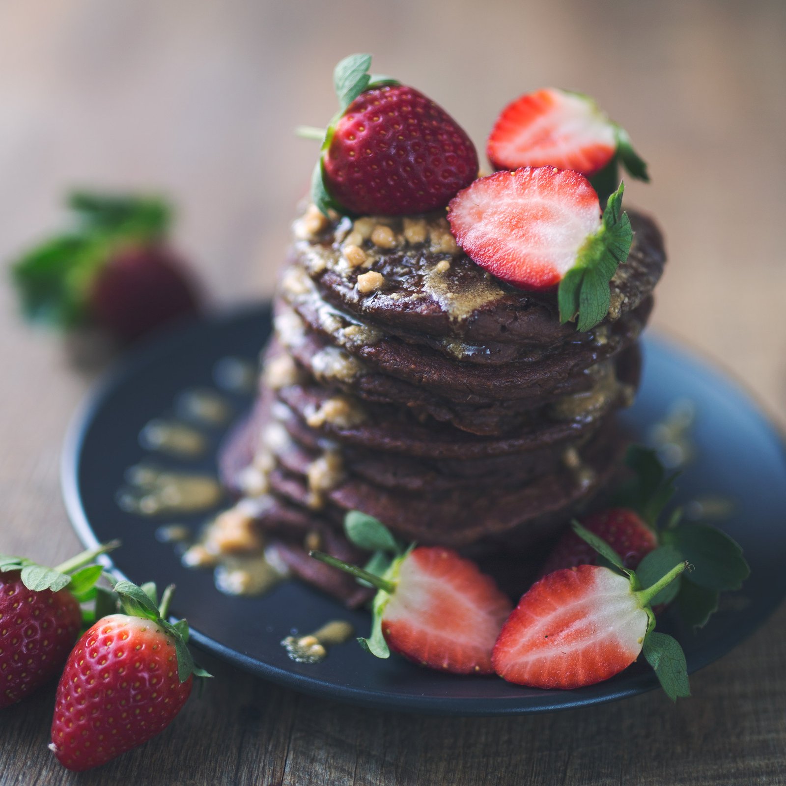 Vegan Chocolate Wholemeal Spelt Pancakes with Peanut Butter Drizzle