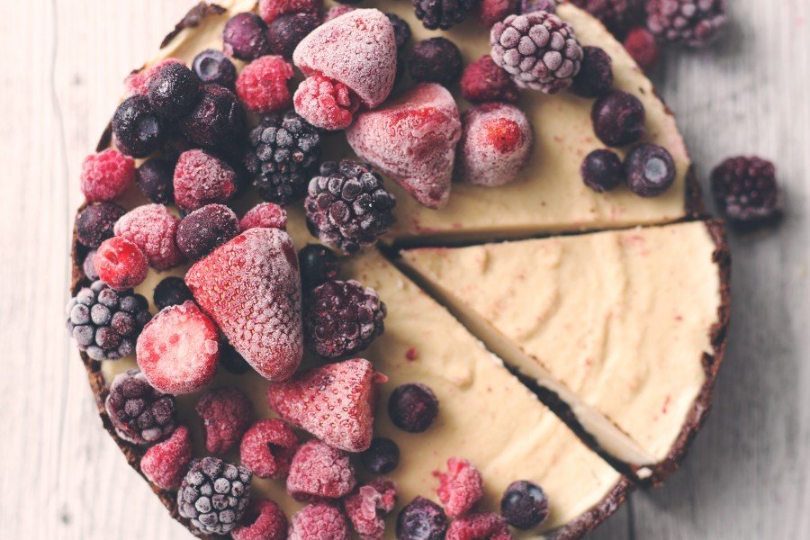 Raw Vegan Chocolate and Vanilla Cheesecake with Mixed Berries