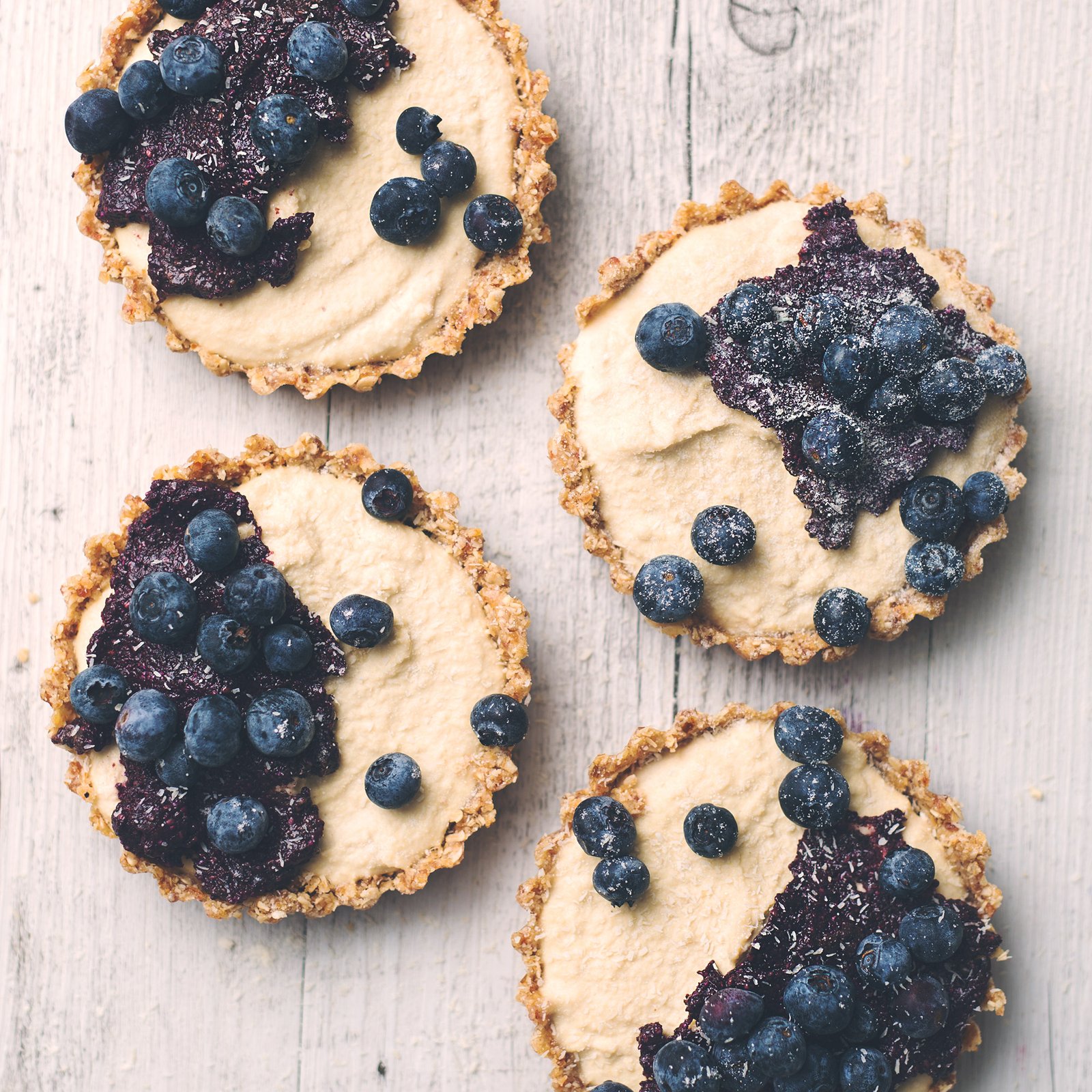 Raw Vegan Blueberry and Lemon Cheesecake Tarts with Blueberry Chia Jam
