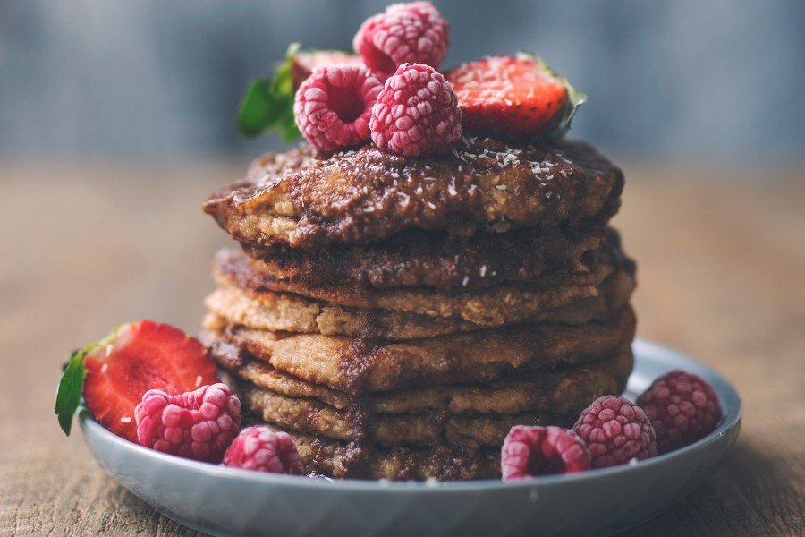 Vegan Oat Banana Pancakes with Chocolate Peanut Butter Sauce