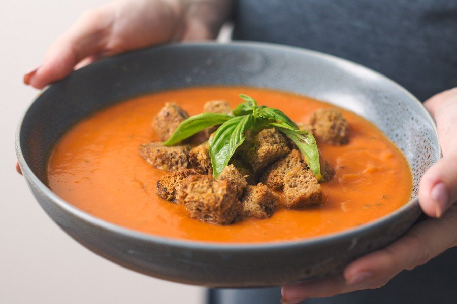 Vegan Tomato, Basil & Sweet Potato Soup with Homemade Croutons