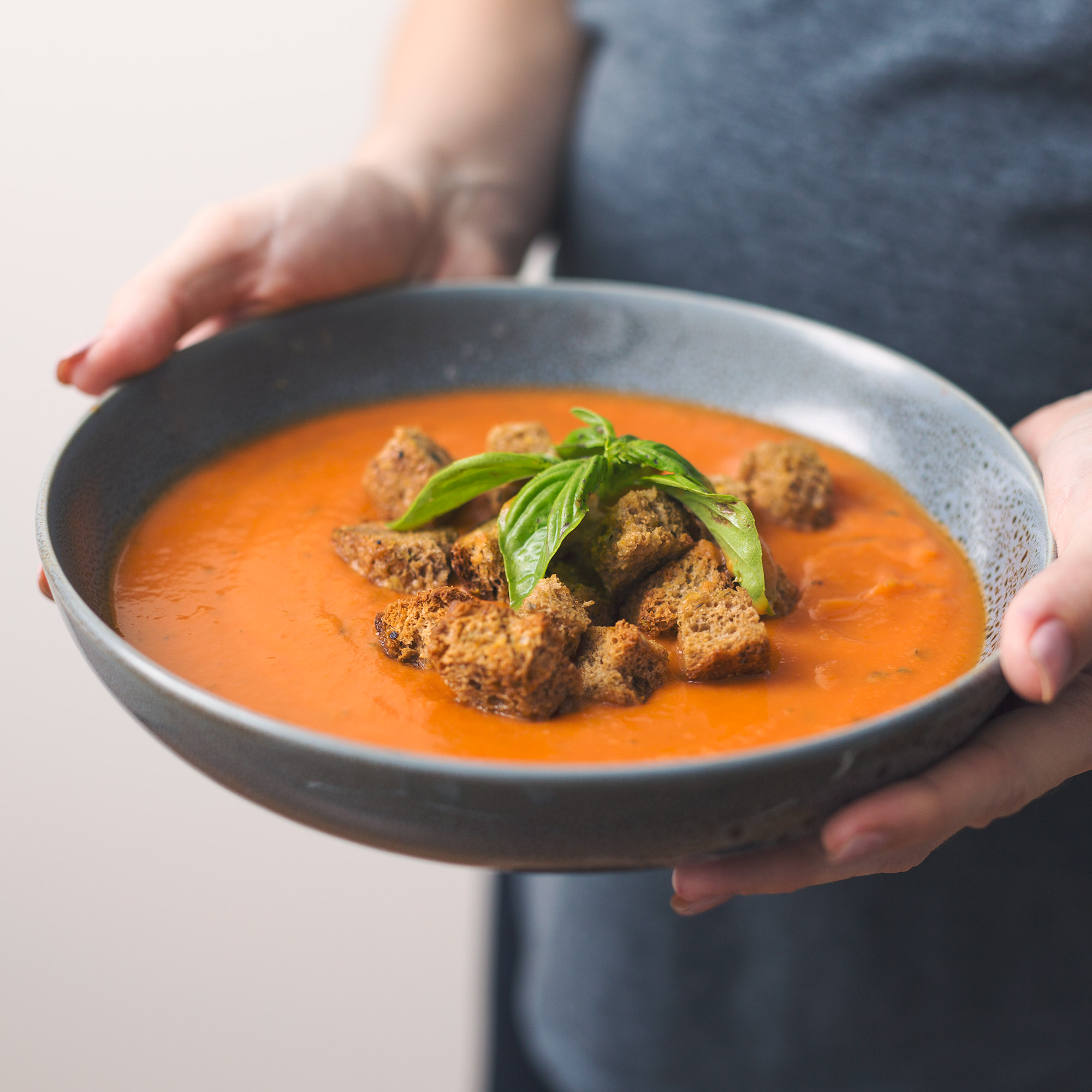 Vegan Tomato Basil Sweet Potato Soup with Homemade Croutons