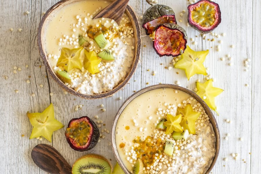 Tropical Vegan half and half Smoothie Oatmeal Bowl