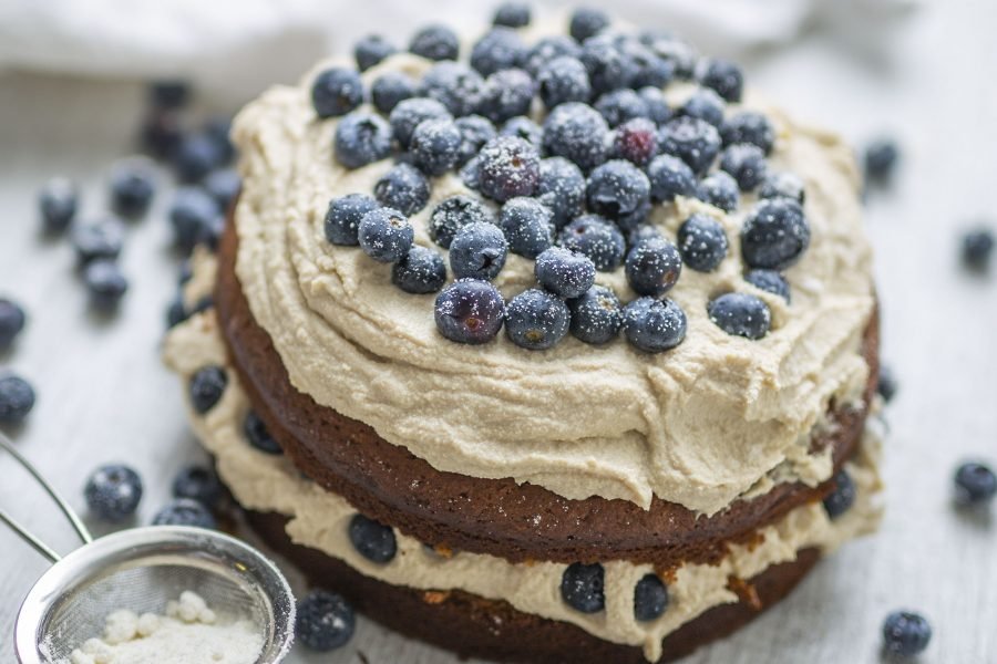 Vegan Vanilla Sponge Cake with Tofu Frosting and Blueberries