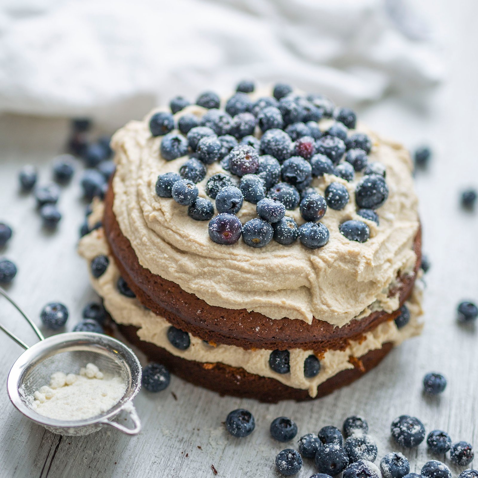 Vegan Vanilla Sponge Cake with Tofu Frosting and Blueberries