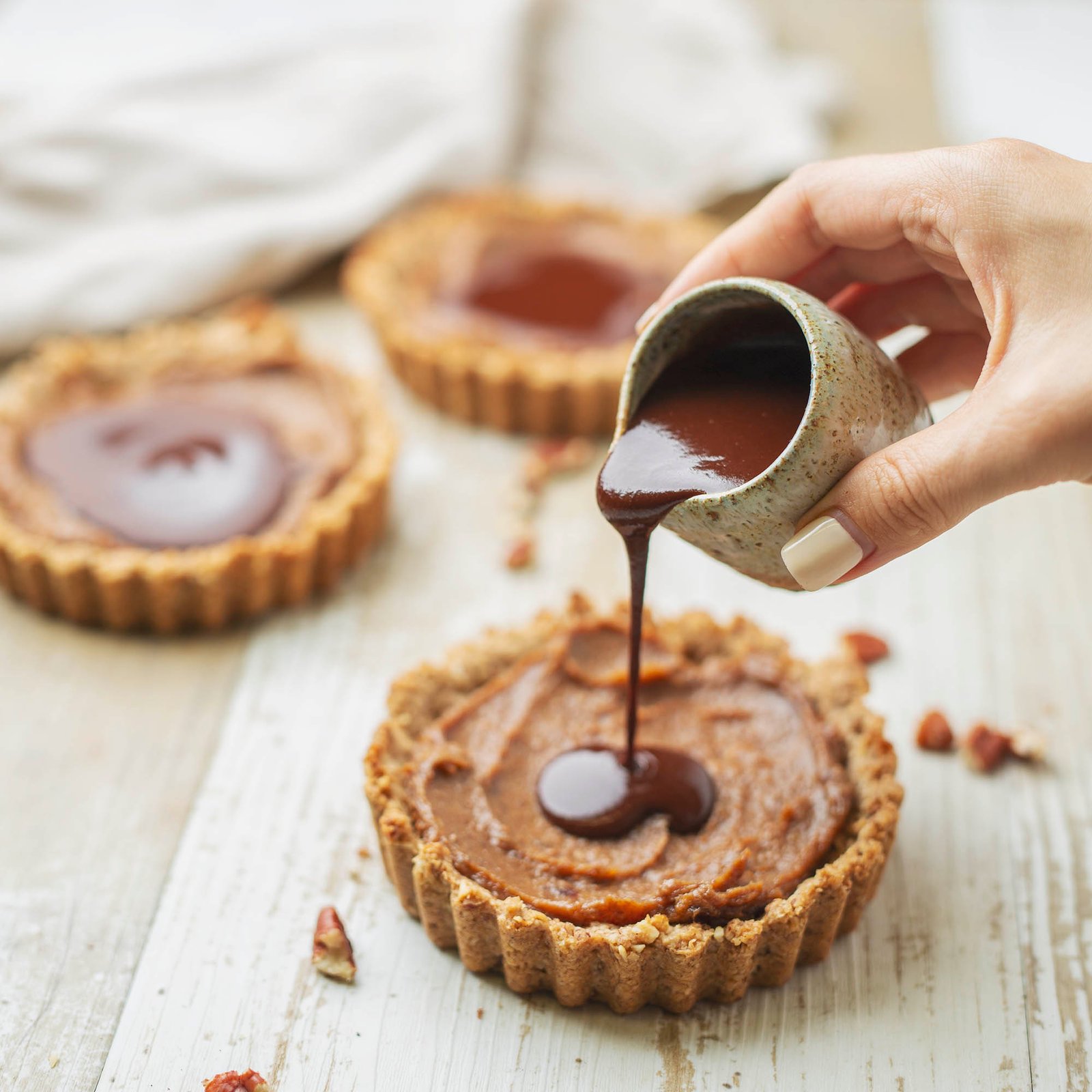 Vegan Refined Sugar Free Pecan Caramel Tarts with Chocolate Sauce