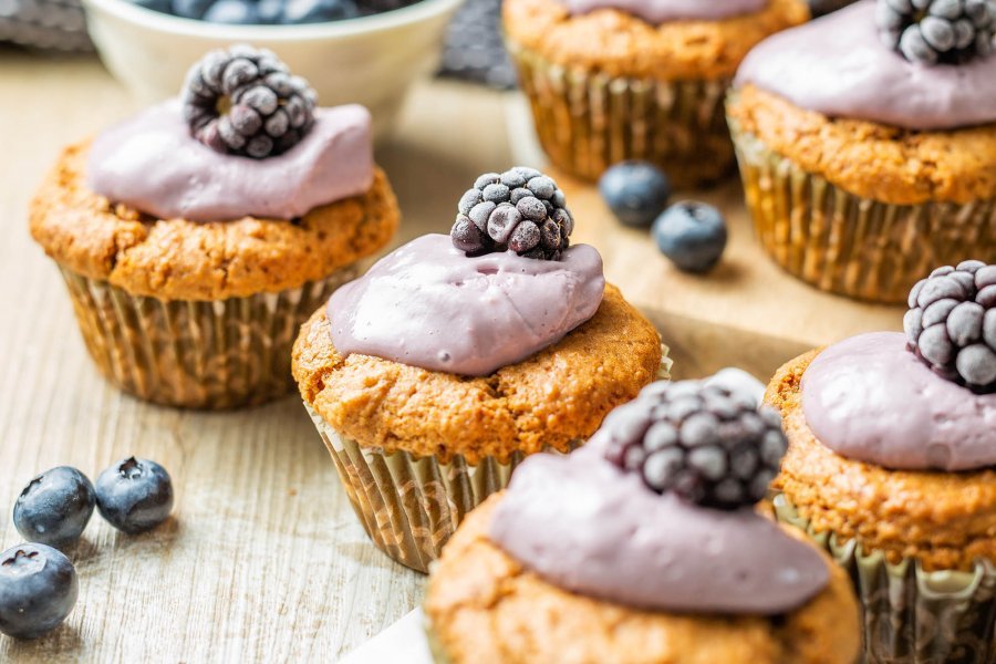 Tea Infused Vegan Spelt Muffins with Blackberry Coconut Frosting