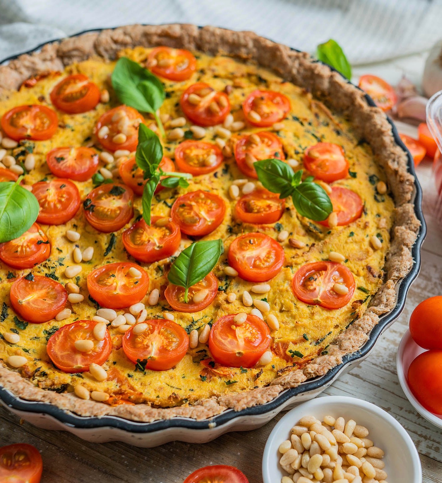 Vegan Tomato and Basil Tofu Quiche with Olive Oil Crust