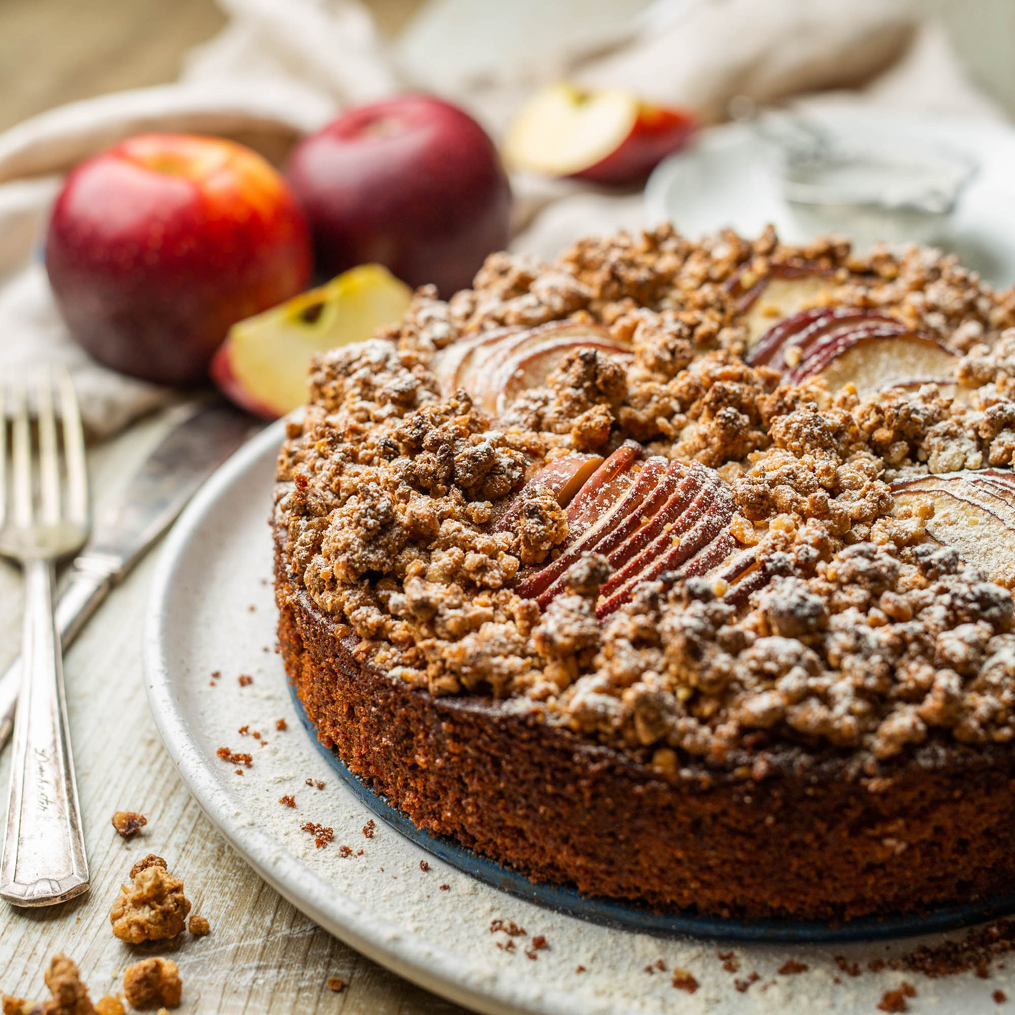 Apple Crumb Cake with Powdered Sugar Glaze - Living Vegan