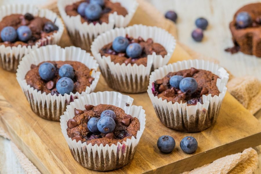Vegan Blueberry Choc Chip Flaxseed Muffins
